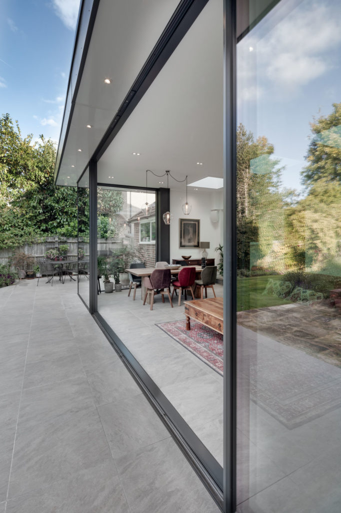 Ultraline 4 panel sliding doors with glass to glass corners installation Watford