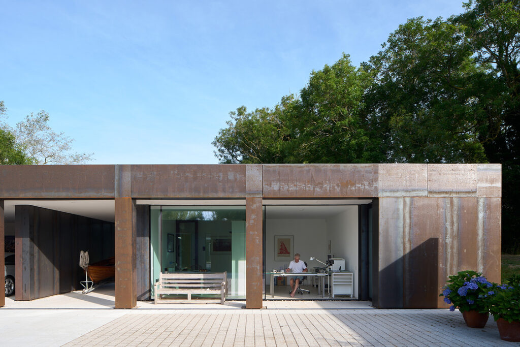 Modern home office with garden view.